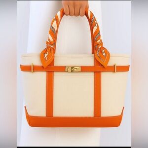 Canvas Tote Bag with Orange Trim and Scarf Detail